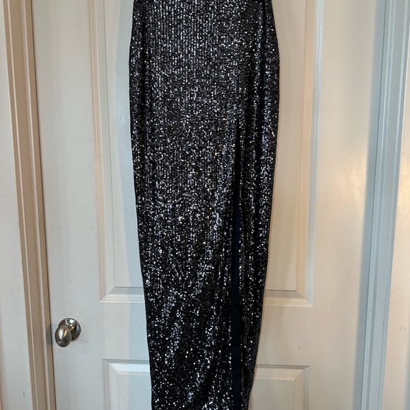 SHOWPO. Black Sequin Glittery Black Maxi Deep Side Slit Maxi Dress, Size 4 - Picture 6 of 8